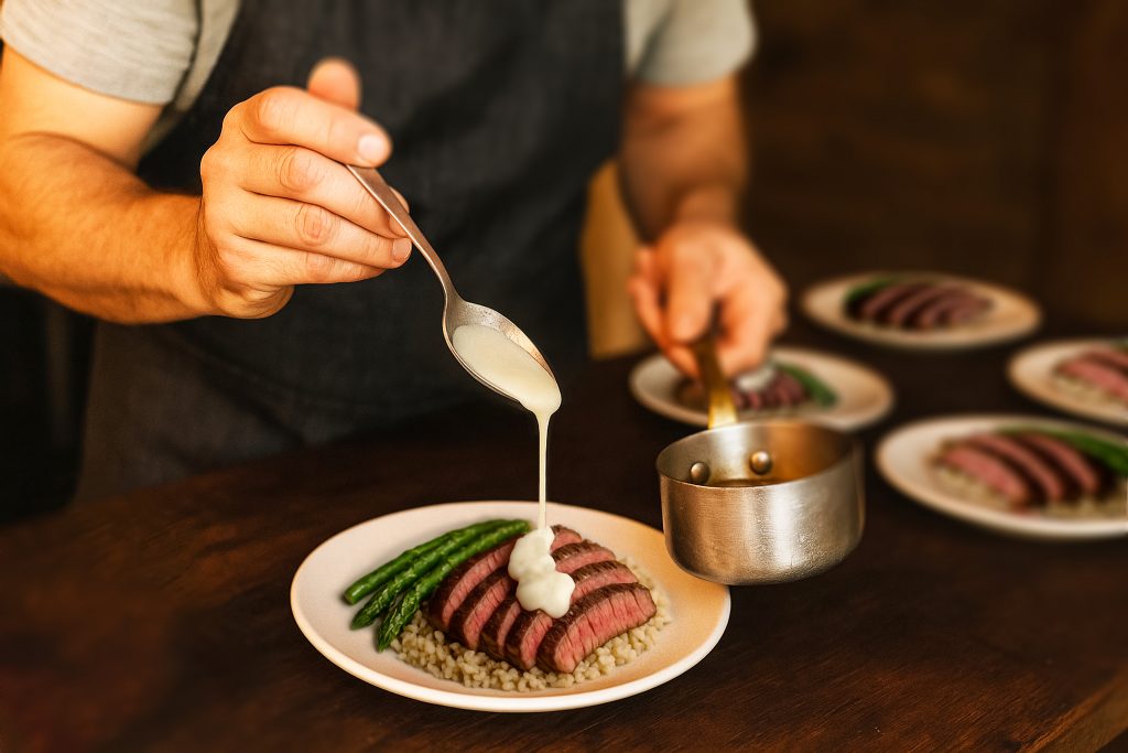 Chef Nico pours a white sauce over sliced filet on rice with asparagus.
