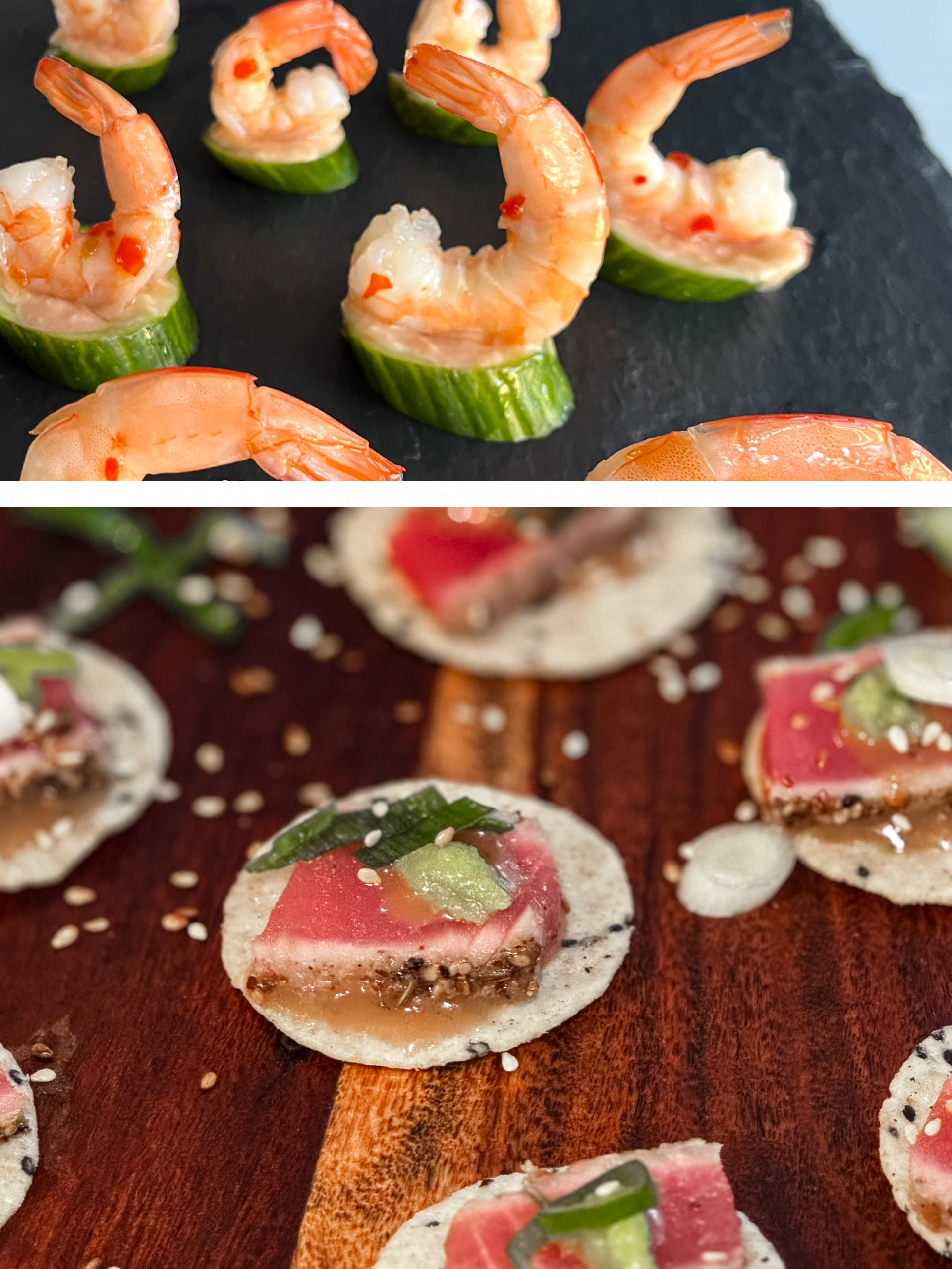 Wild Spicy Shrimp Bites and Seared Red Tuna Crisps