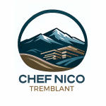 The logo of Chef Nico Tremblant is blue and brown with a house in front of a mountain.