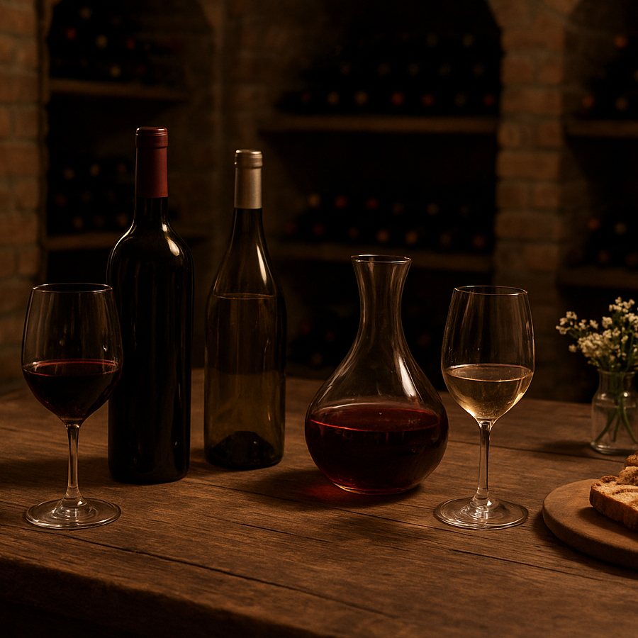 Wine and wine glasses in a wine cellar