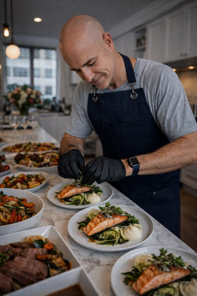 Chef Nico looks down as he plates for the private chef experience thank you for booking chef Nico